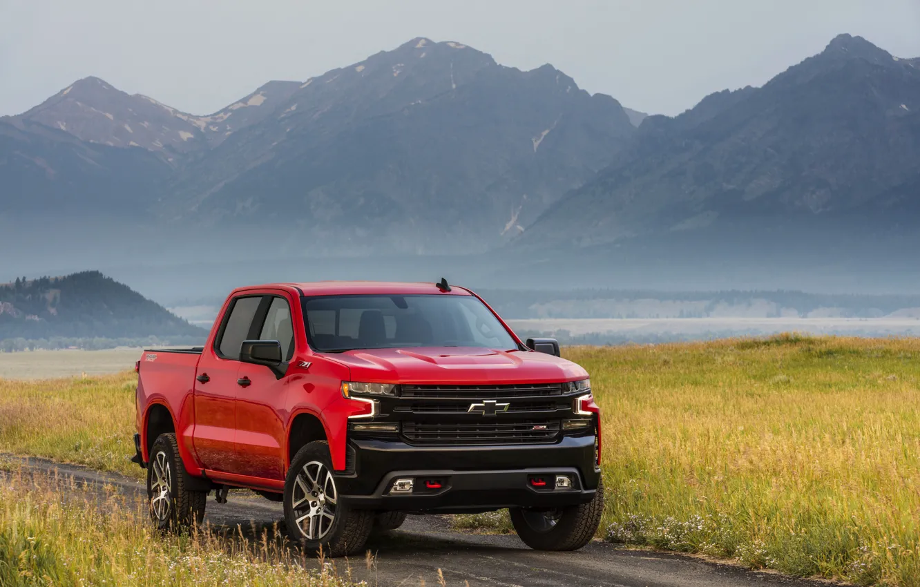 Photo wallpaper grass, mountains, red, Chevrolet, pickup, Silverado, Z71, Trail Boss