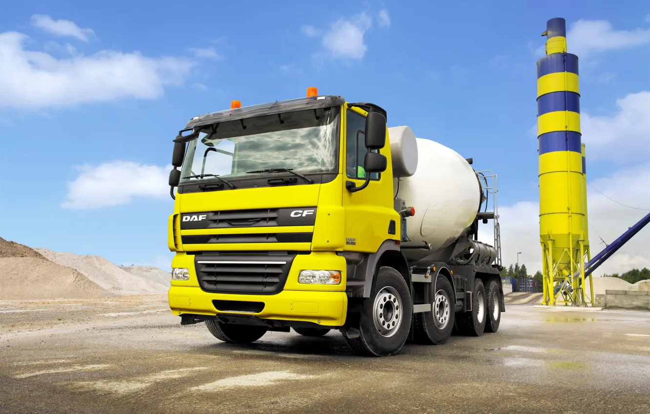 Photo wallpaper yellow, industrial zone, tractor, DAF, DAF, 8x4, concrete mixer, DAF CF85.360