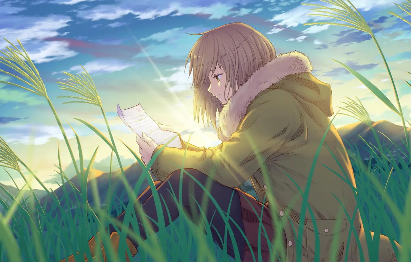 Photo wallpaper field, grass, letter, girl