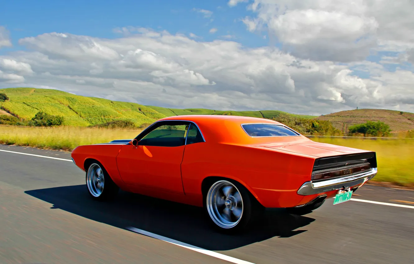 Photo wallpaper Dodge, Challenger, 1970, clouds, orange, In motion, sunny, Dodge Challenger