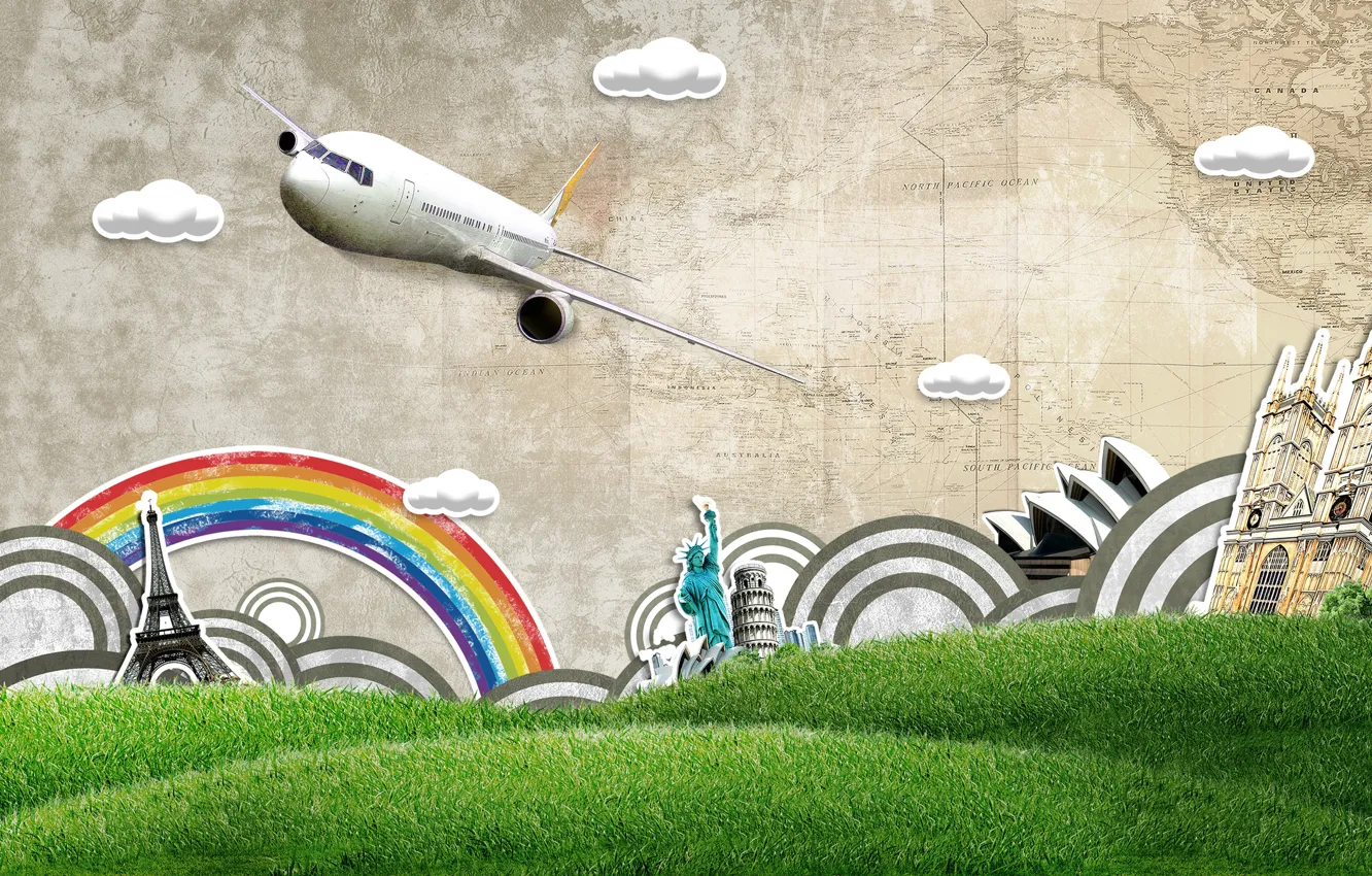 Photo wallpaper grass, clouds, hills, Eiffel tower, map, rainbow, the plane, Colosseum