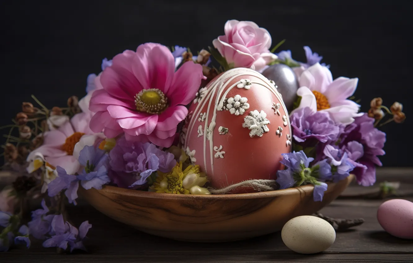 Photo wallpaper flowers, table, holiday, eggs, bouquet, spring, Easter, a bunch