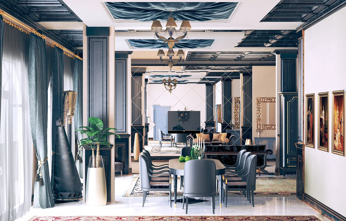 Photo wallpaper flowers, design, table, interior, chair, chandelier, living room, decor