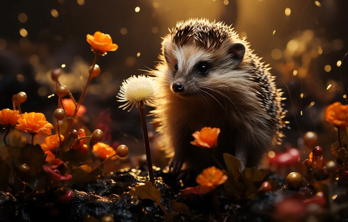 Photo wallpaper flowers, barb, muzzle, face, hedgehog, digital art, AI art, The Art of Artificial Intelligence