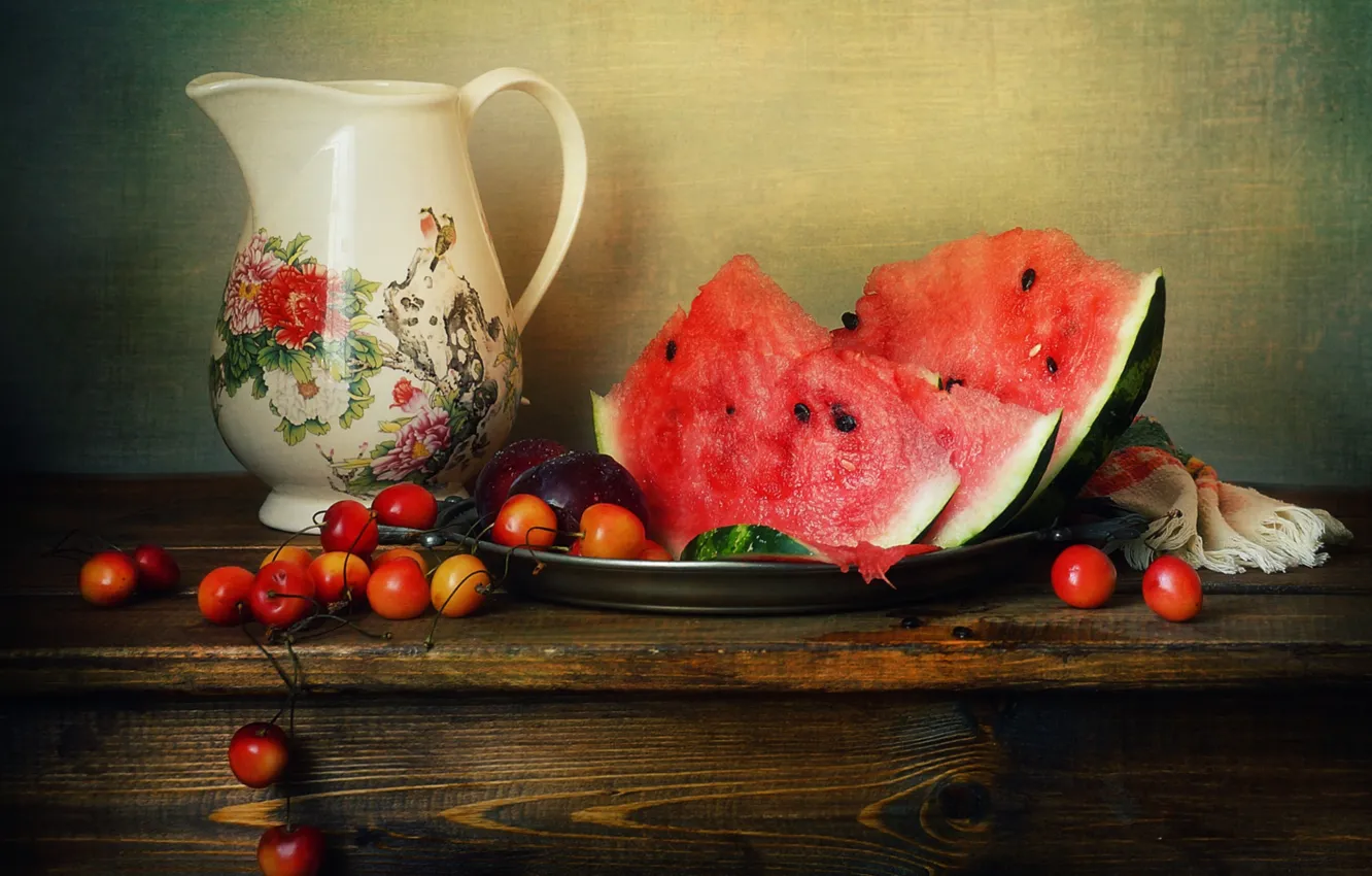 Photo wallpaper watermelon, pitcher, cherry