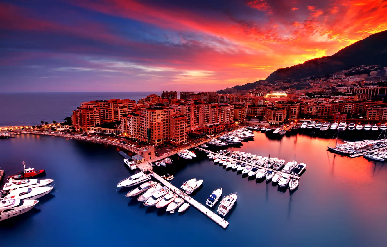 Photo wallpaper the city, dawn, mountain, home, Bay, yachts, Monaco