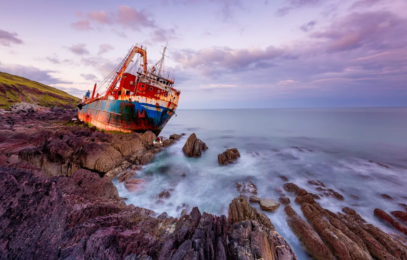 Photo wallpaper sea, clouds, stones, rocks, shore, ship, old