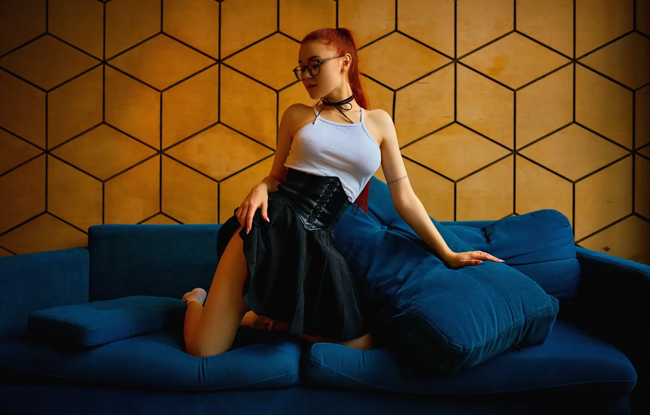 Photo wallpaper girl, model, tattoo, women, redhead, kneeling, tank top, Black Skirt