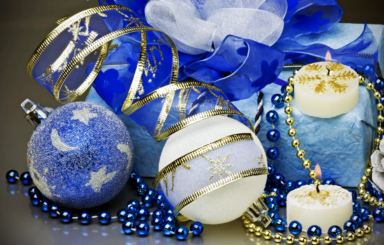 Photo wallpaper winter, blue, holiday, gift, balls, toy, new year, candles