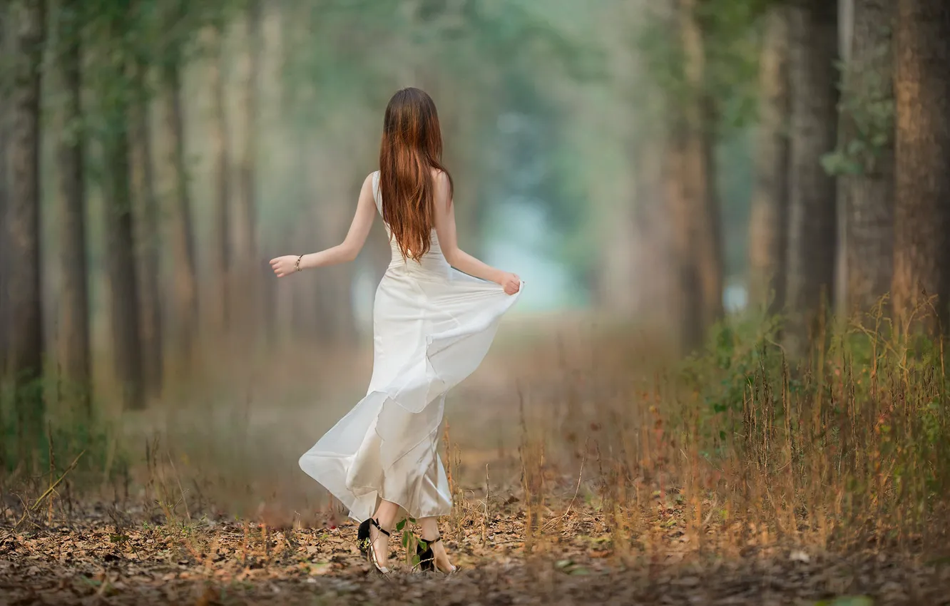Photo wallpaper greens, forest, dress, shoes, grace, brown hair