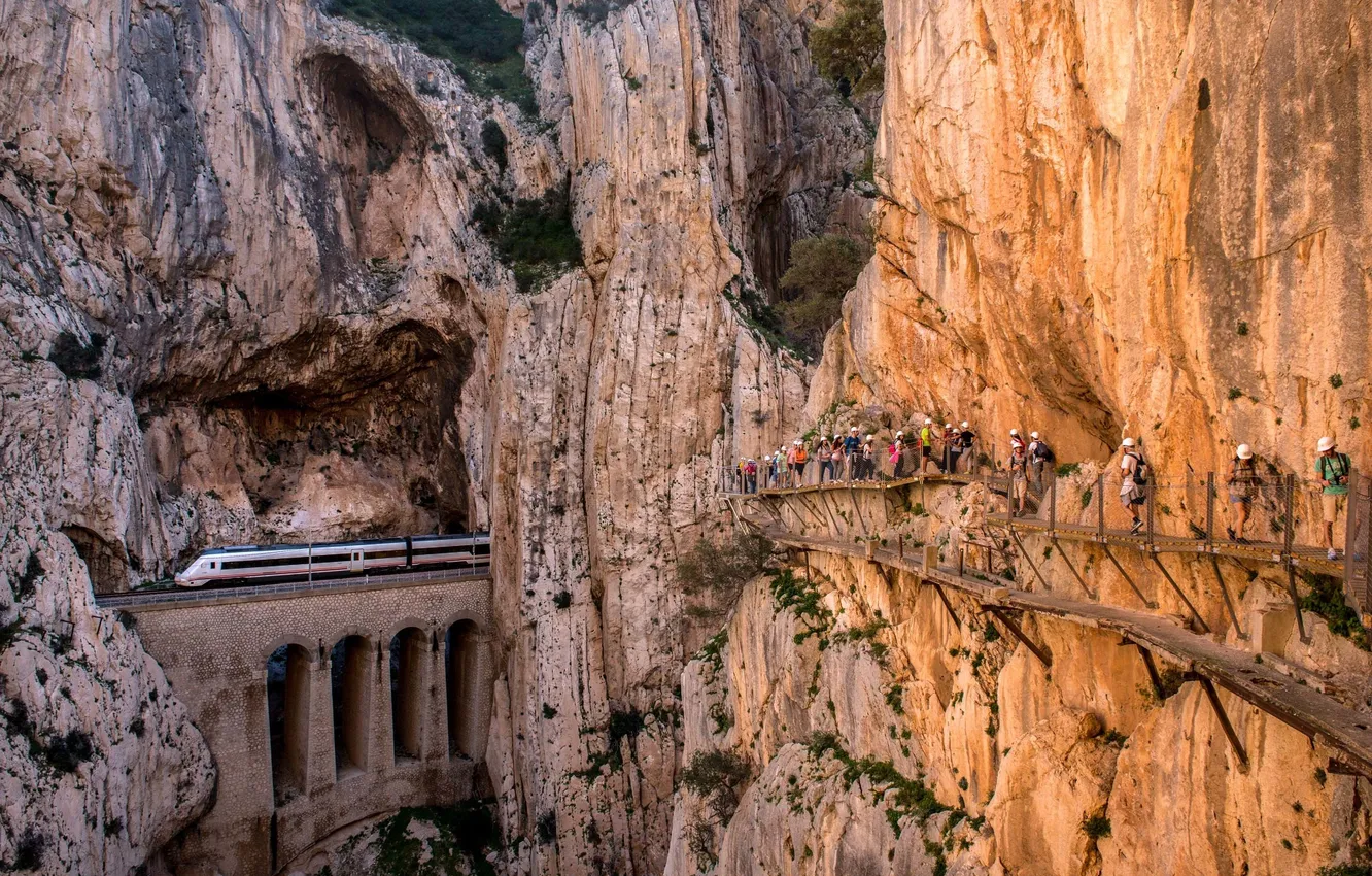 Photo wallpaper mountains, nature, rocks, danger, train, height, gorge, nature