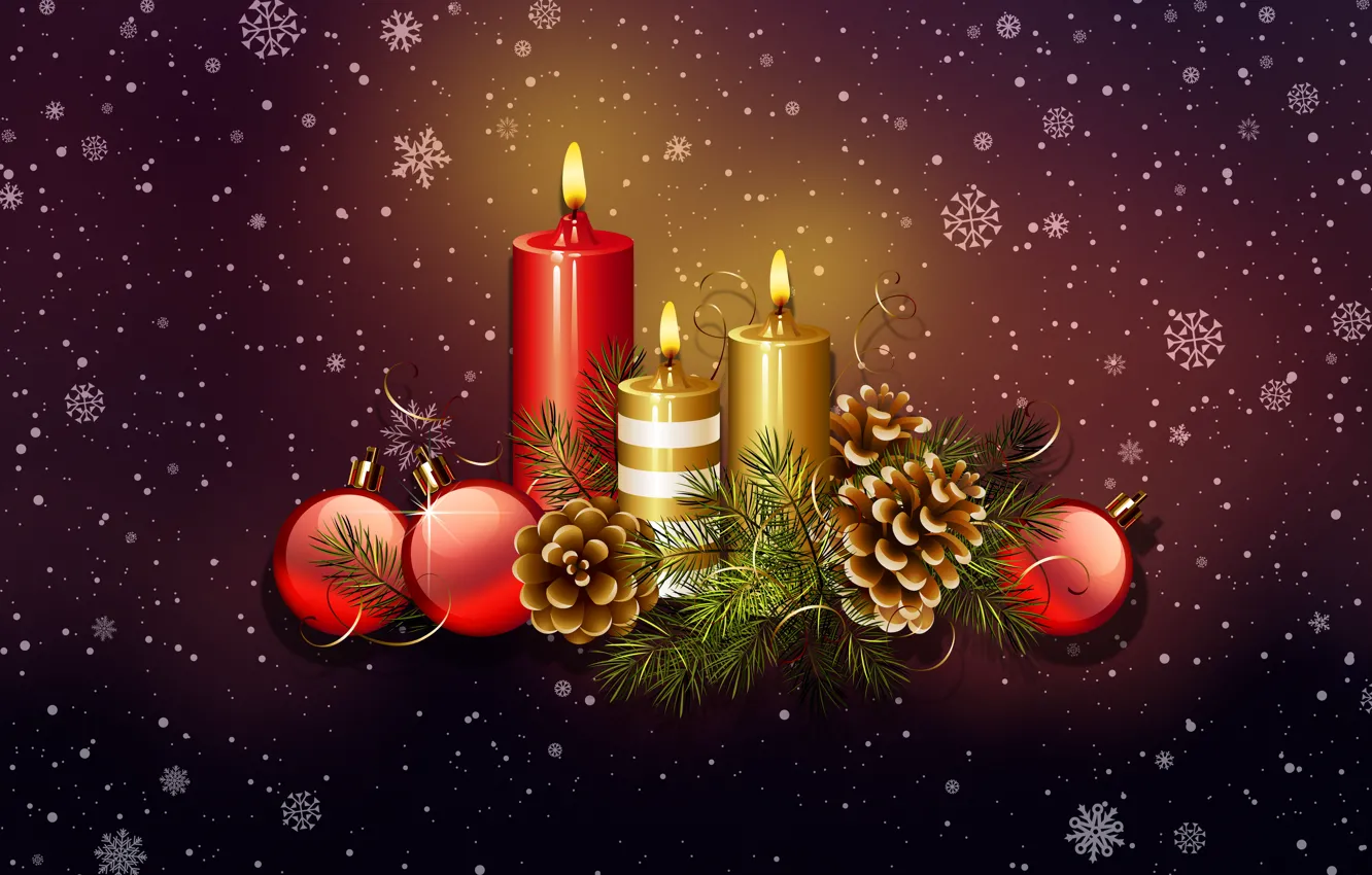 Photo wallpaper Minimalism, Candles, Snow, Fire, Christmas, Snowflakes, Background, New year