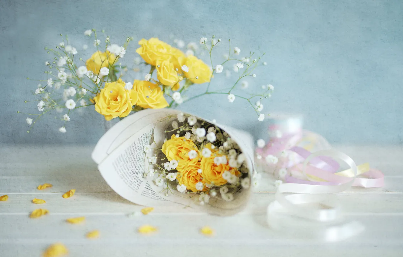 Photo wallpaper flowers, yellow, paper, sprig, table, Board, roses, bouquet