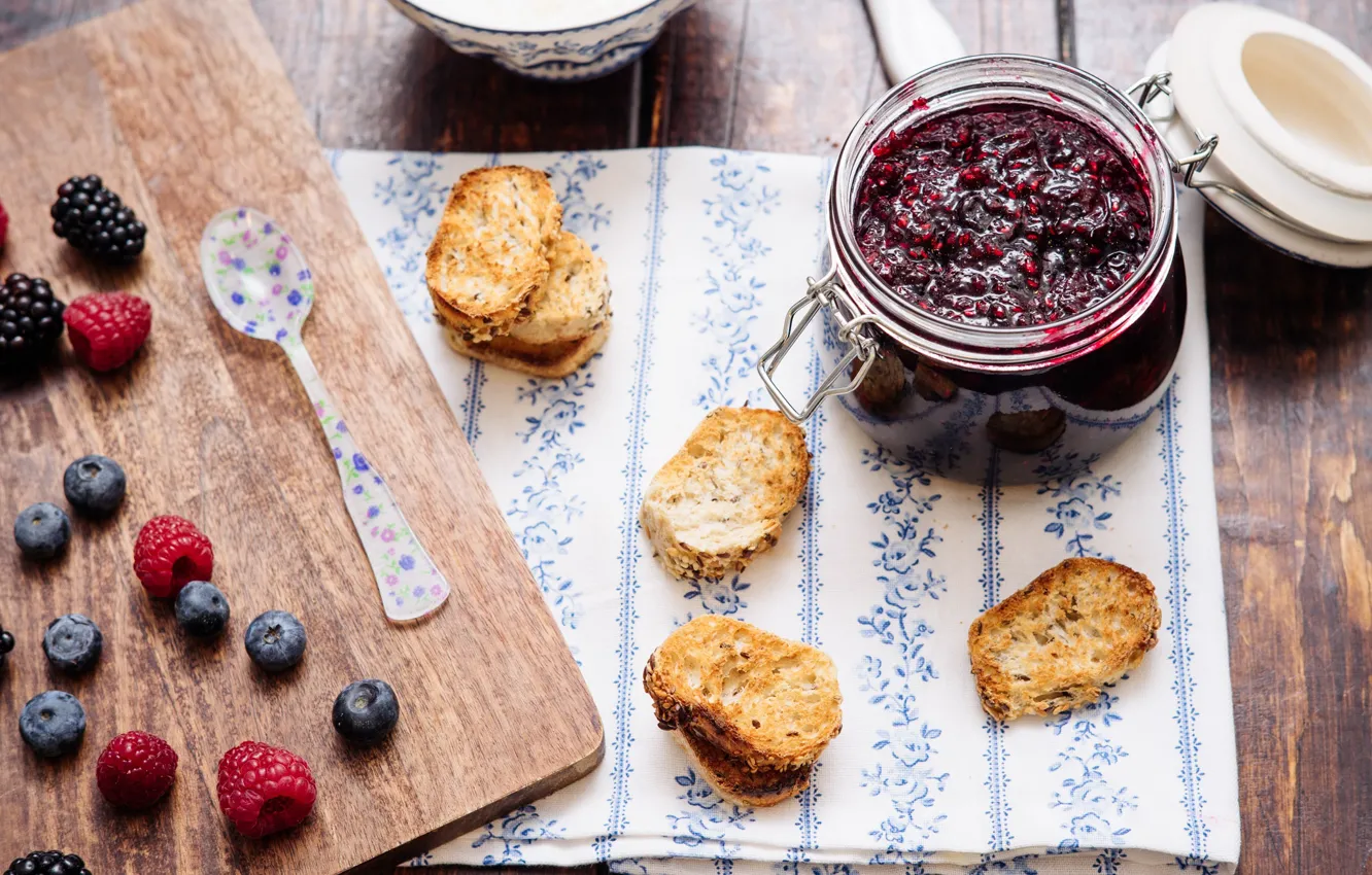 Photo wallpaper raspberry, jam, blueberries, bruschetta