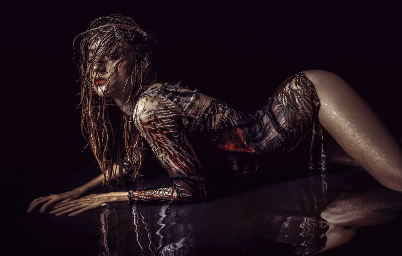 Photo wallpaper water, girl, pose, reflection, background, hair, wet, WET FLOOR