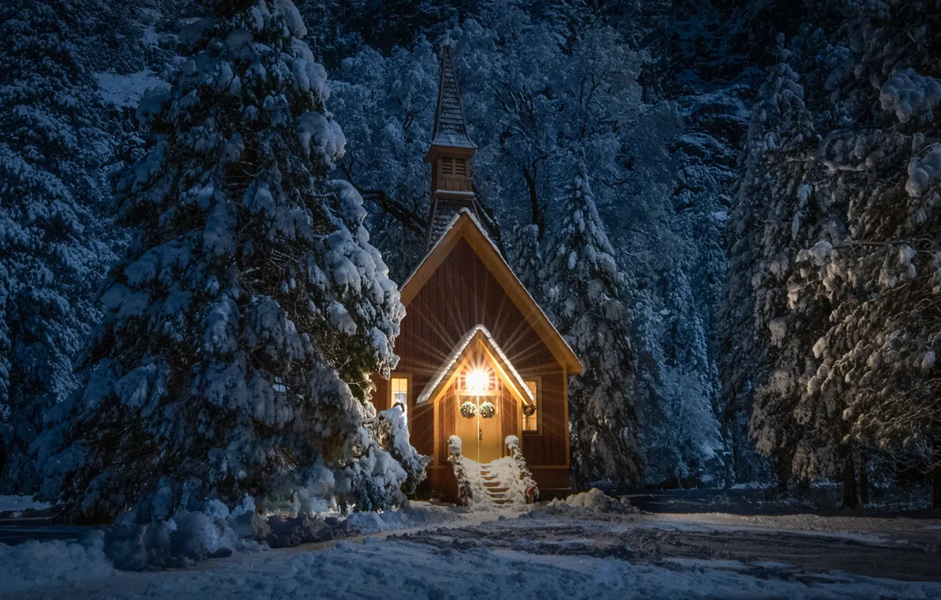 Photo wallpaper winter, forest, snow, trees, night, ate, CA, chapel