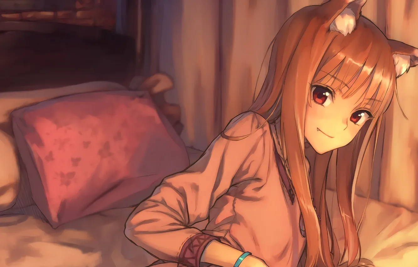 Photo wallpaper look, pillow, red, ears, on the bed, art, Spice and Wolf, Holo