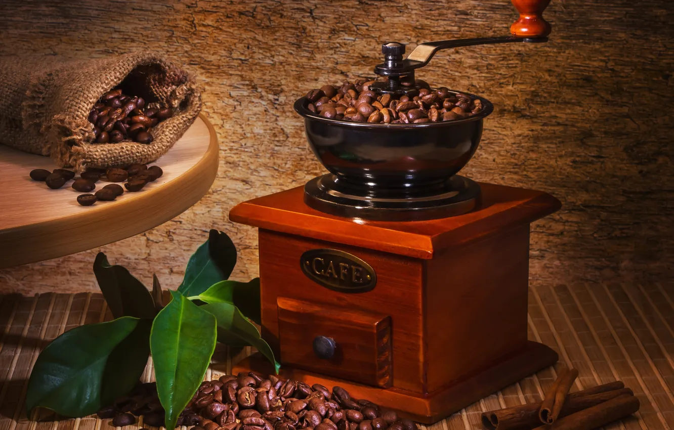 Photo wallpaper table, coffee, grain, leaf, cinnamon, pouch, coffee grinder