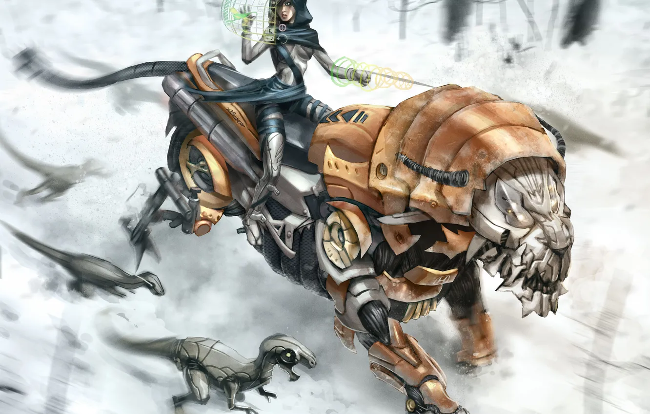 Photo wallpaper girl, tiger, robot, the tiger and the snow