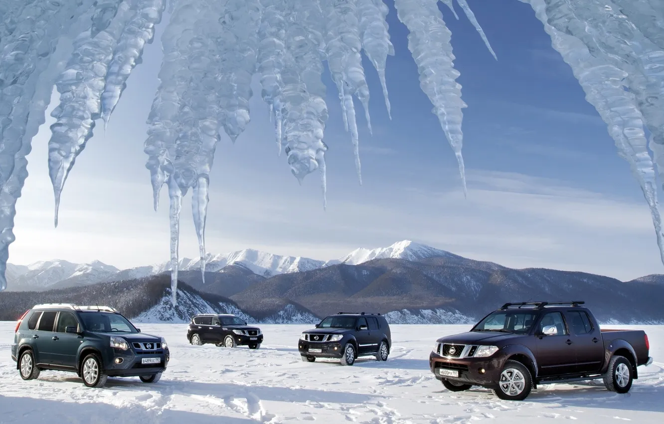 Photo wallpaper the sky, snow, mountains, lake, ice, icicles, Baikal, jeep