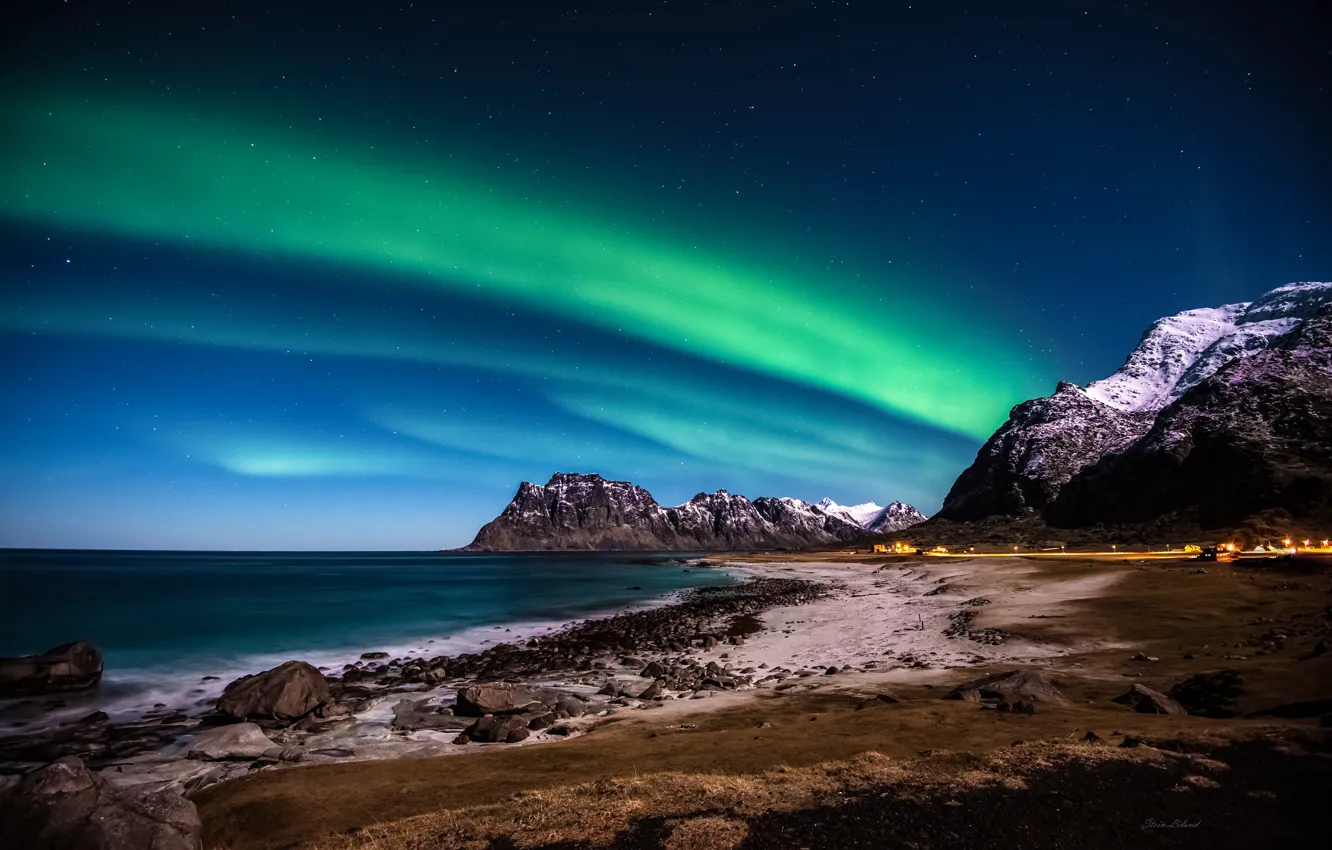 Photo wallpaper sea, mountains, shore, Northern lights