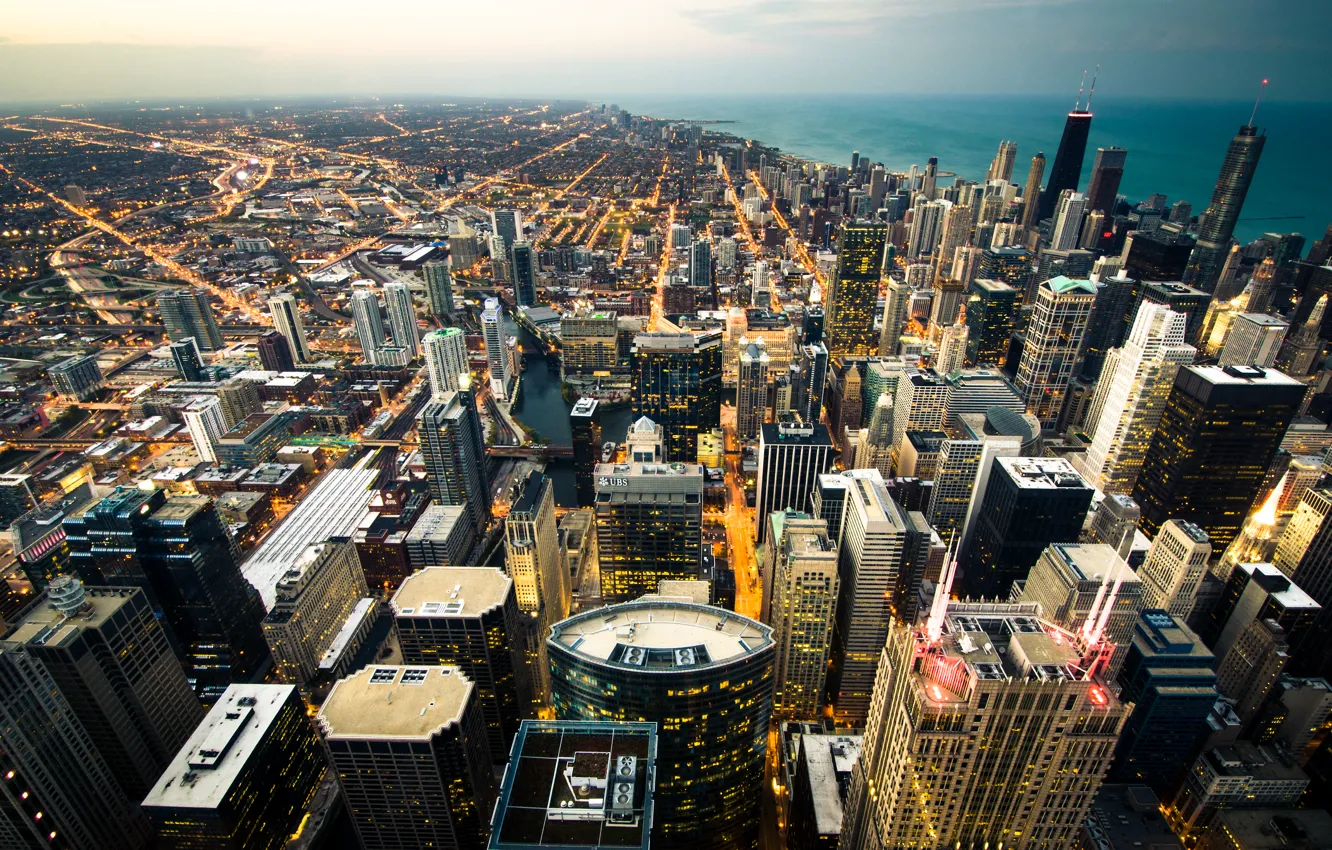 Photo wallpaper the city, the ocean, skyscrapers, panorama, USA, Chicago, the view from the skyscraper the Willis …