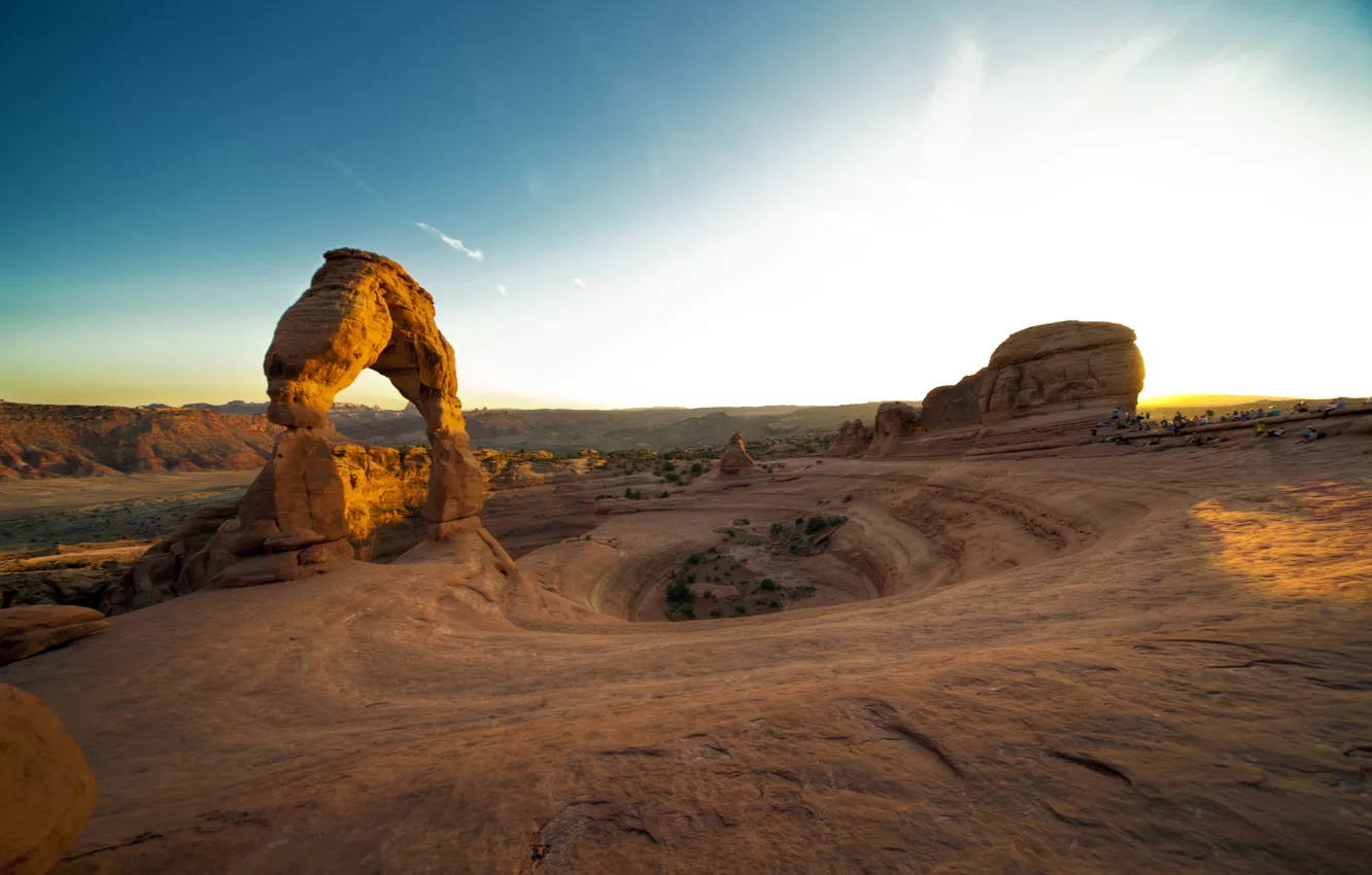 Photo wallpaper sunset, rock, canyon, USA, sunset, utah, arches national park, delicate arch