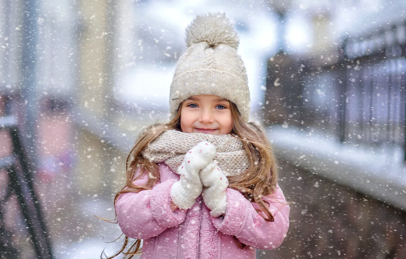 Photo wallpaper winter, look, snow, smile, mood, scarf, girl, cap