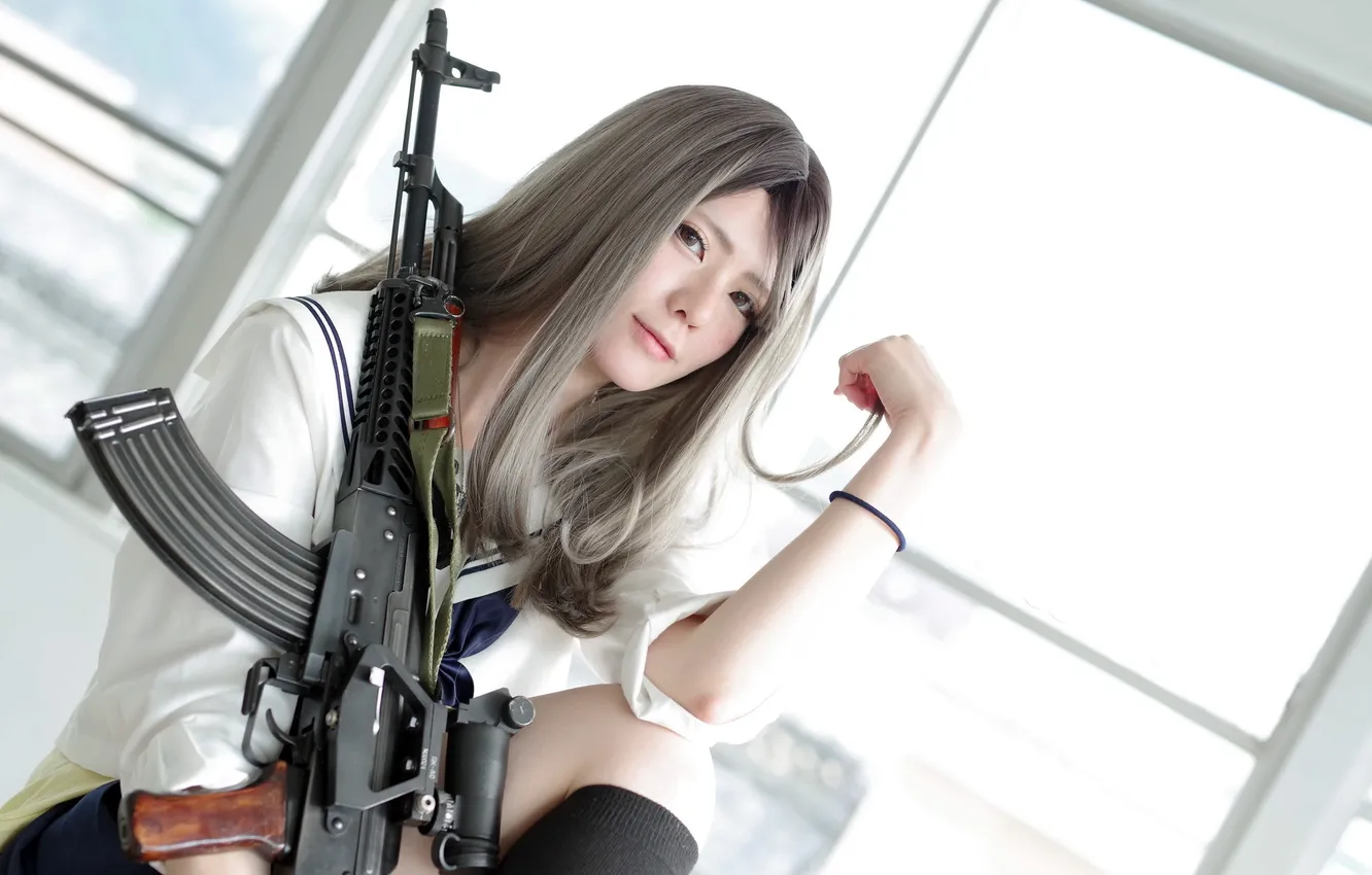 Photo wallpaper girl, weapons, machine, Asian