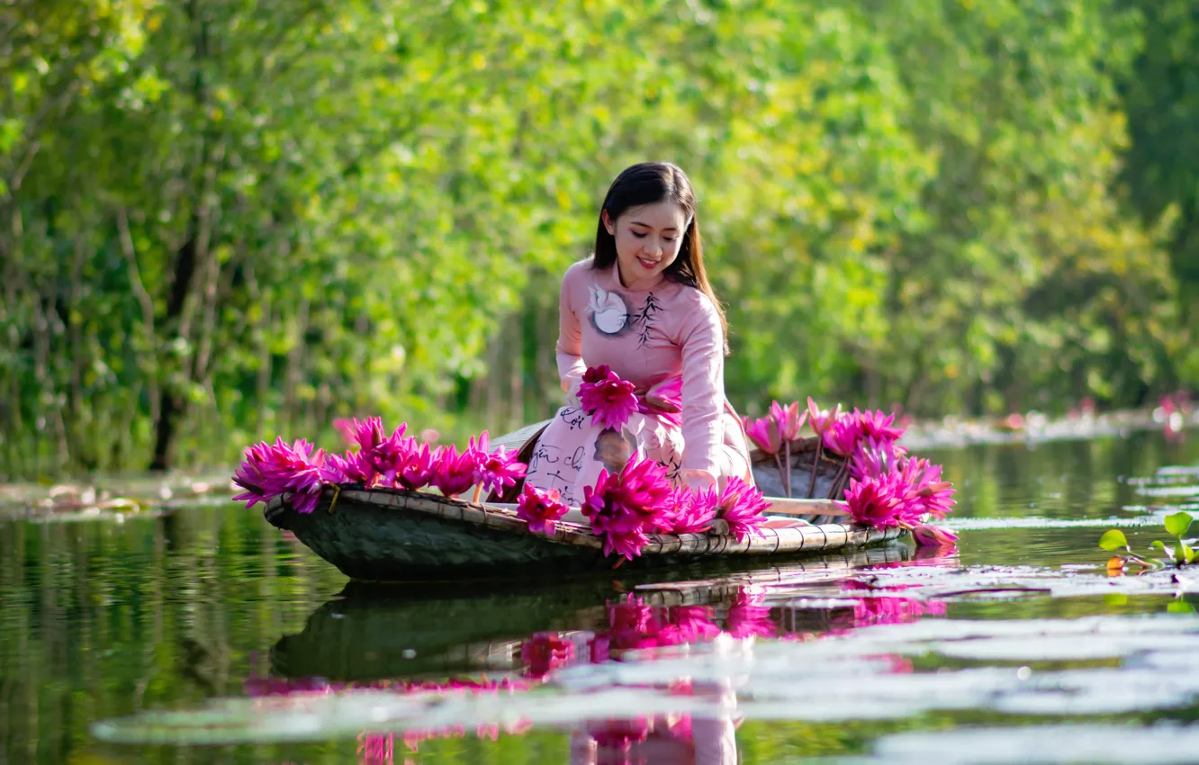 Photo wallpaper water, girl, flowers, nature, boat, dress, Asian, Lotus