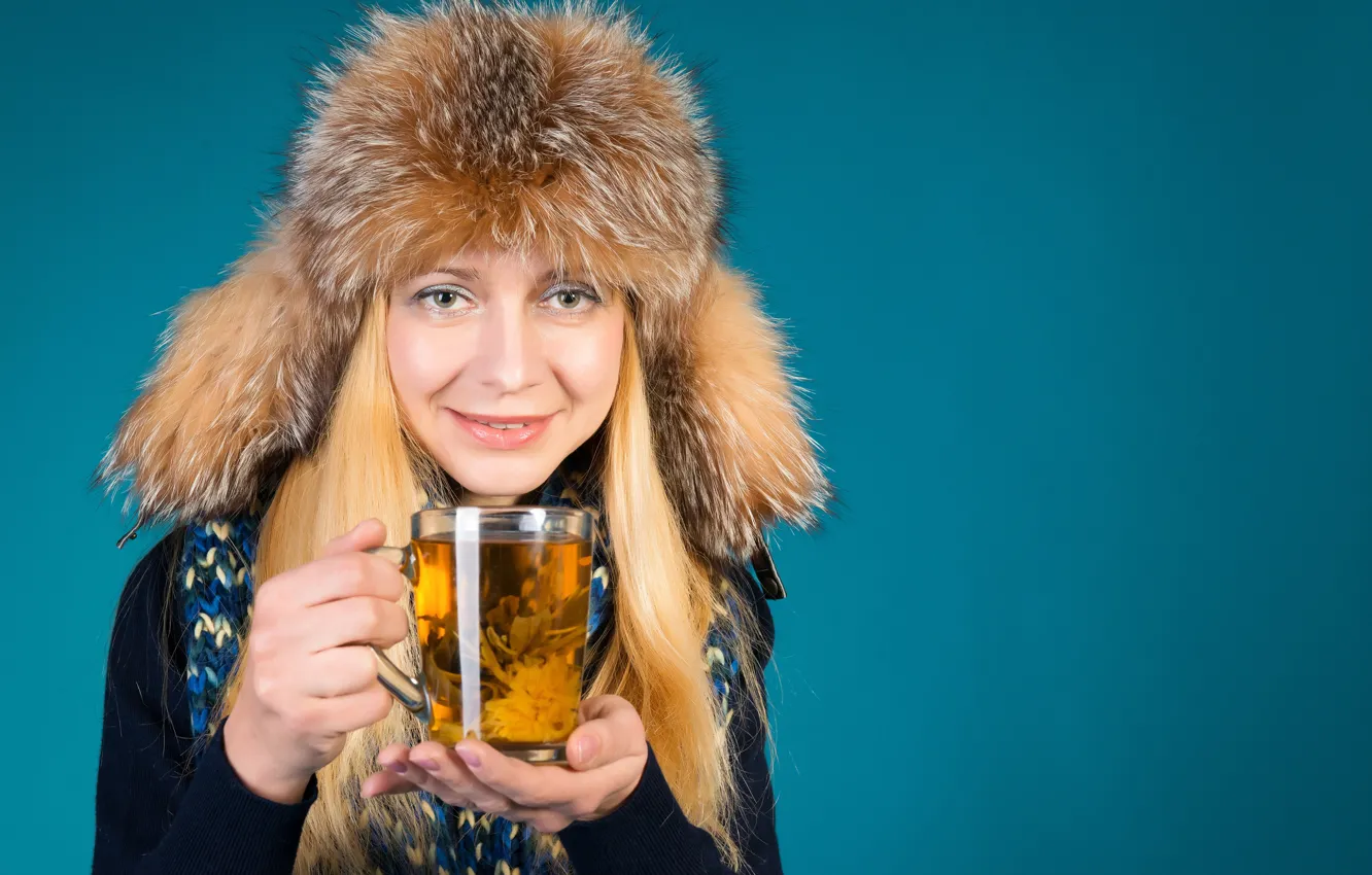 Photo wallpaper look, girl, background, hat, portrait, makeup, scarf, hairstyle