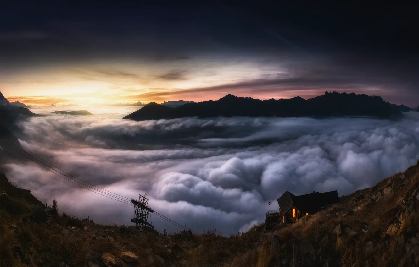 Photo wallpaper fog, house, rocks, dawn, valley, dense