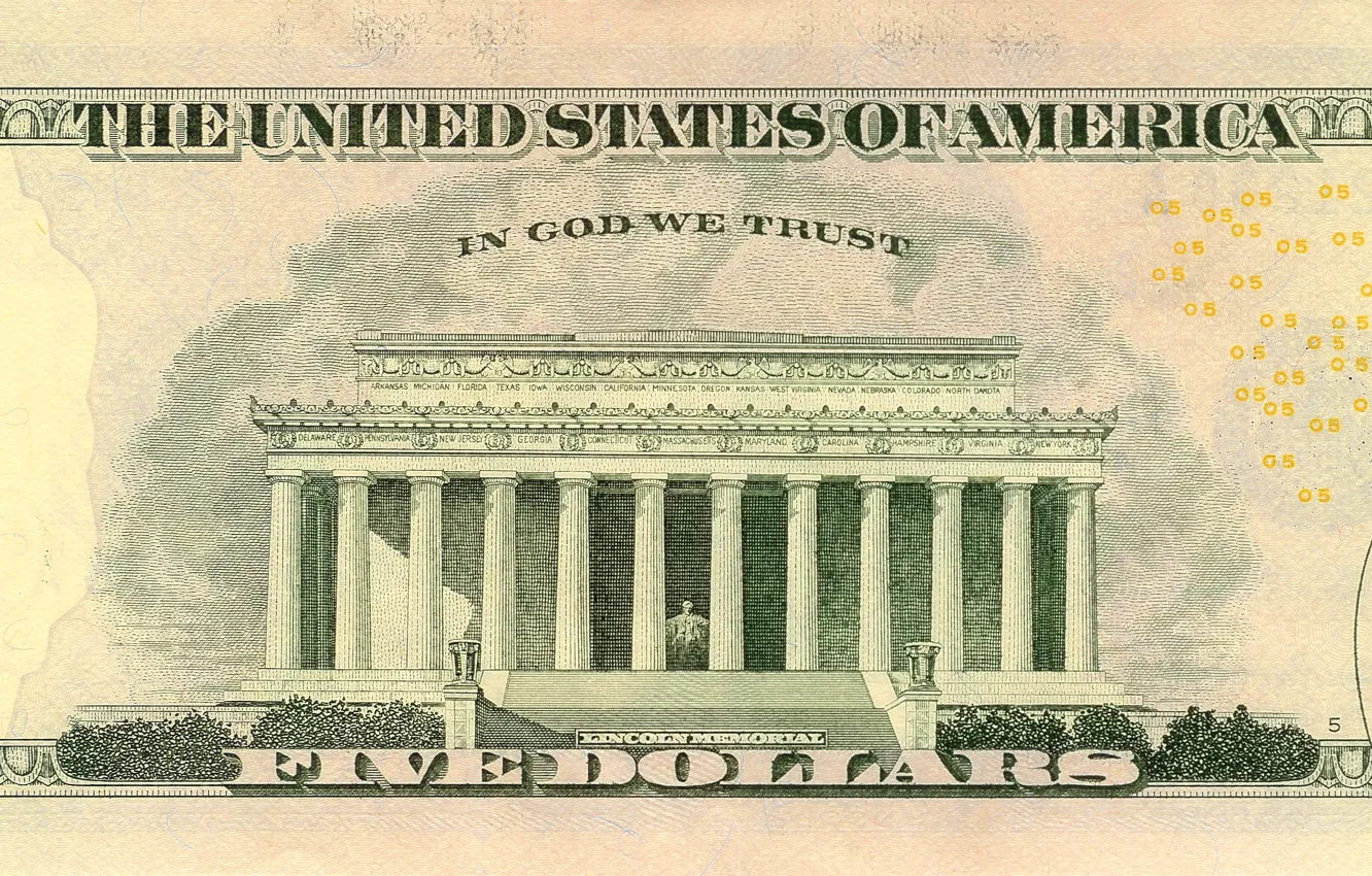 Photo wallpaper Dollar, five, states, God, united, America, memorial
