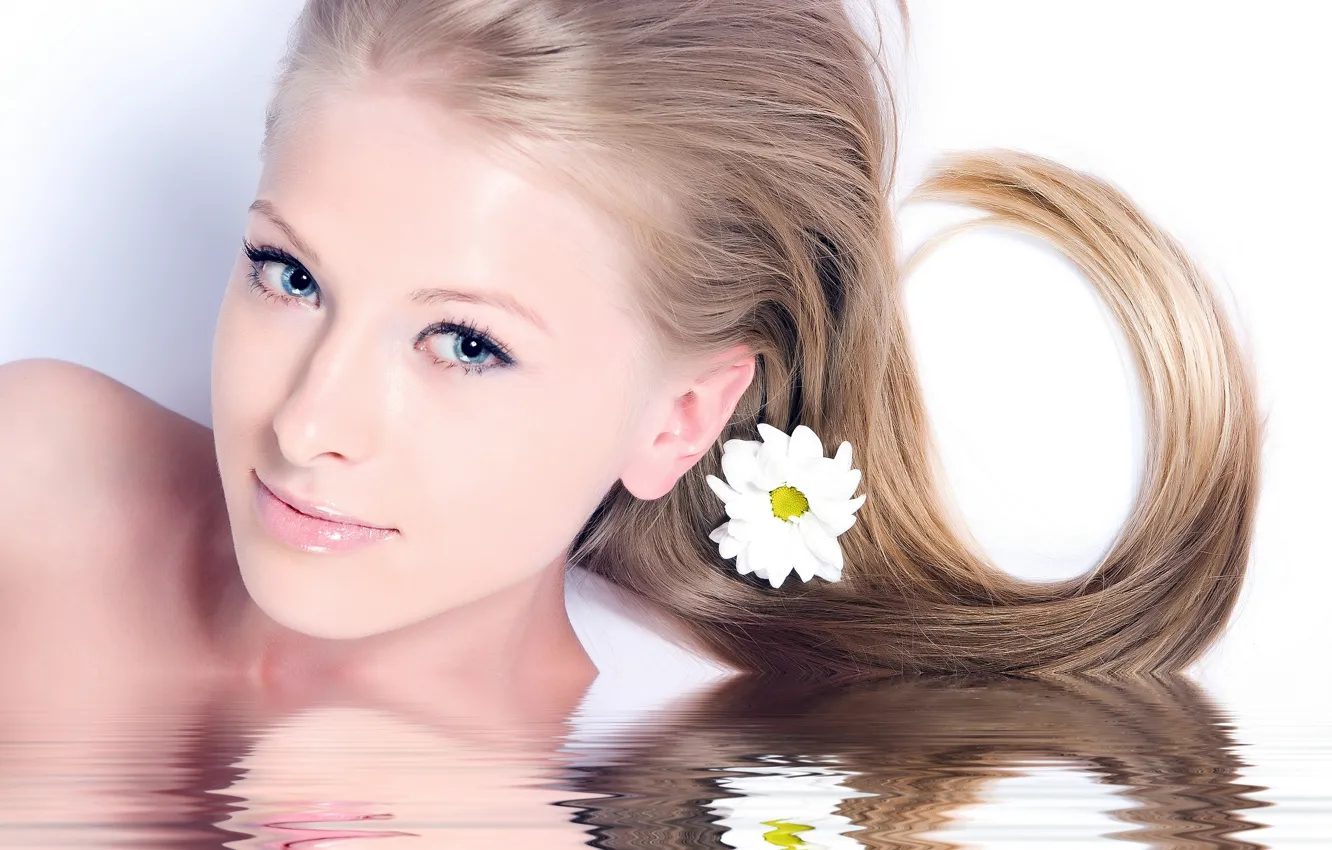 Photo wallpaper white, water, girl, flowers, blonde, girl, white, flower