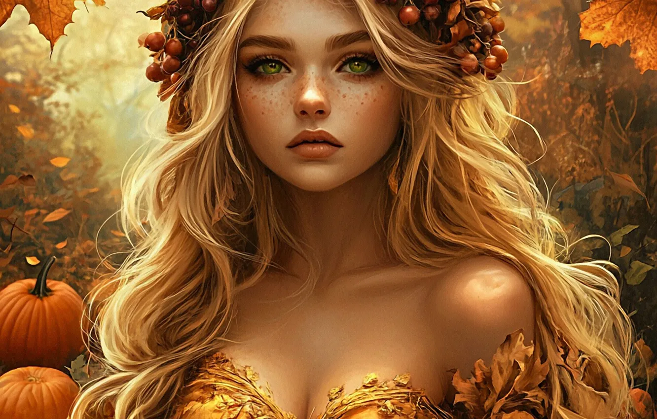 Photo wallpaper autumn, chest, look, leaves, girl, berries, portrait, fruit