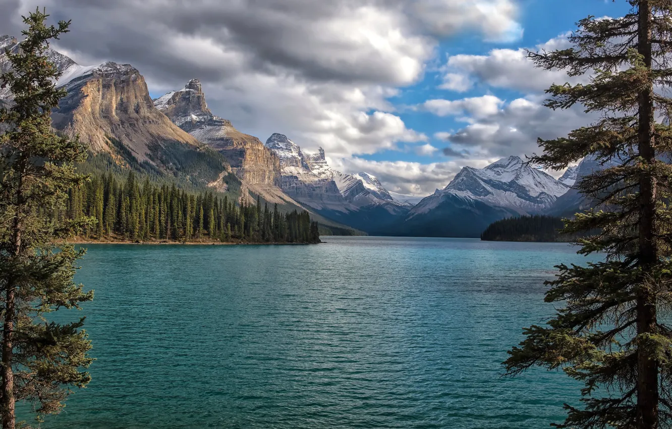 Photo wallpaper forest, the sky, clouds, trees, mountains, lake, rocks, Jasper National Park