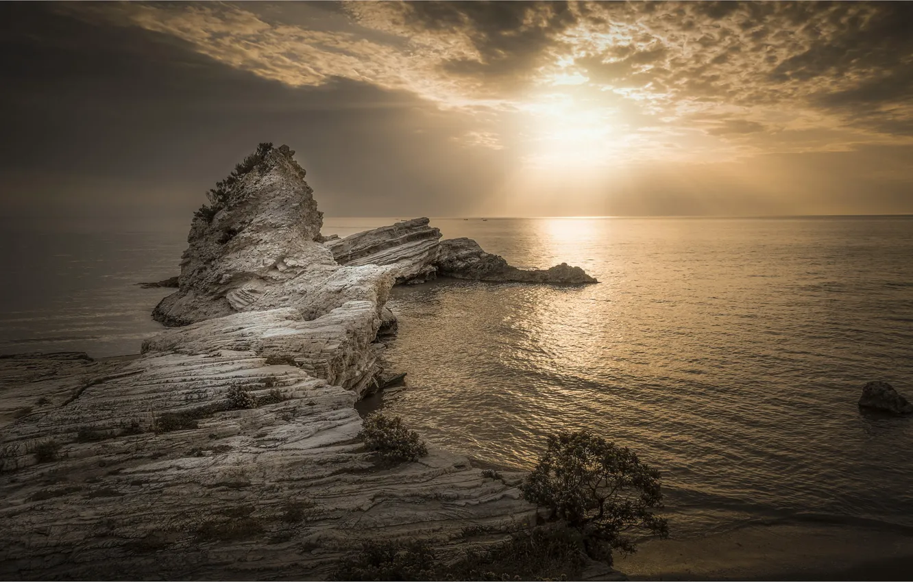 Photo wallpaper sea, sunset, rocks