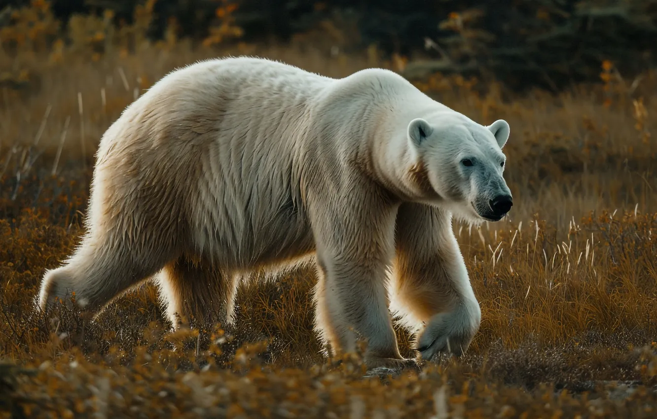 Photo wallpaper field, autumn, grass, nature, pose, Northern lights, bear, walk