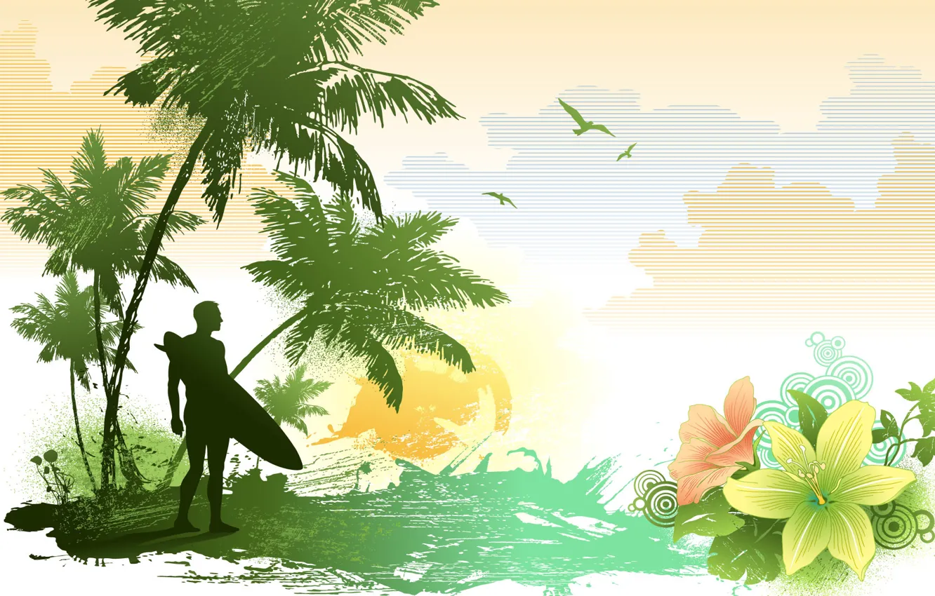 Photo wallpaper summer, clouds, circles, flowers, palm trees, figure, Lily, seagulls