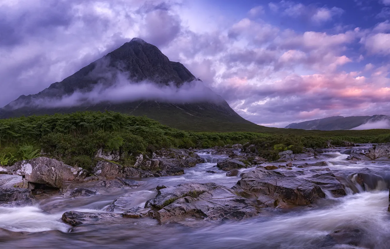 Photo wallpaper clouds, river, stones, Scotland, Highland, Highland, Glencoe, Glencoe