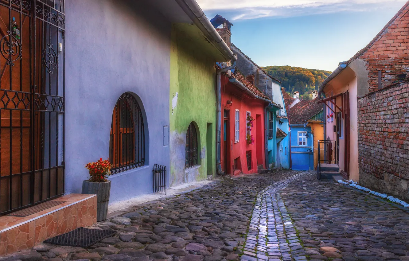 Photo wallpaper the city, home, bridge, street, Romania, Transylvania, Sighisoara