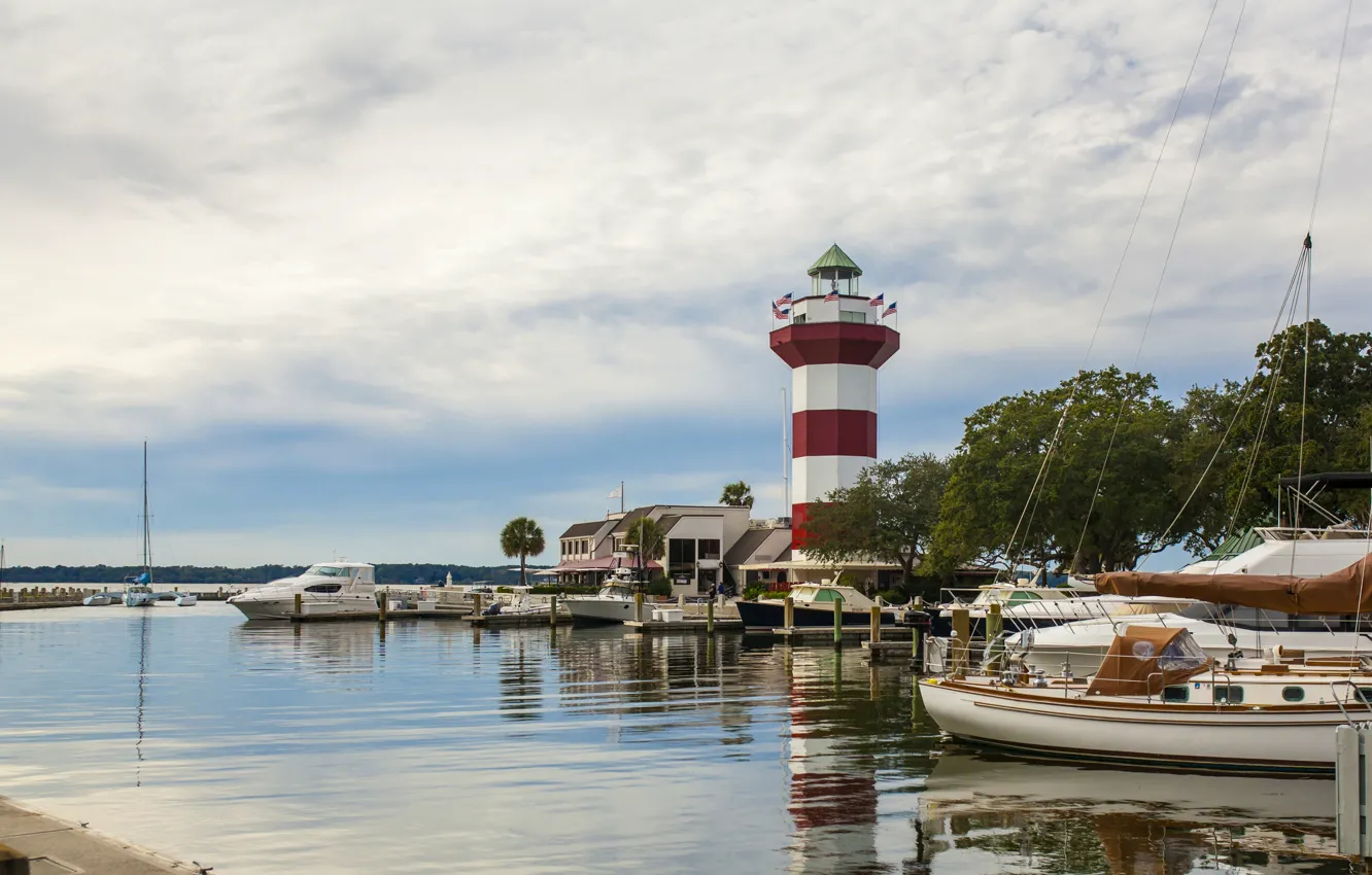 Photo wallpaper river, lighthouse, island, yachts, boats, South Carolina, USA, Hilton Head