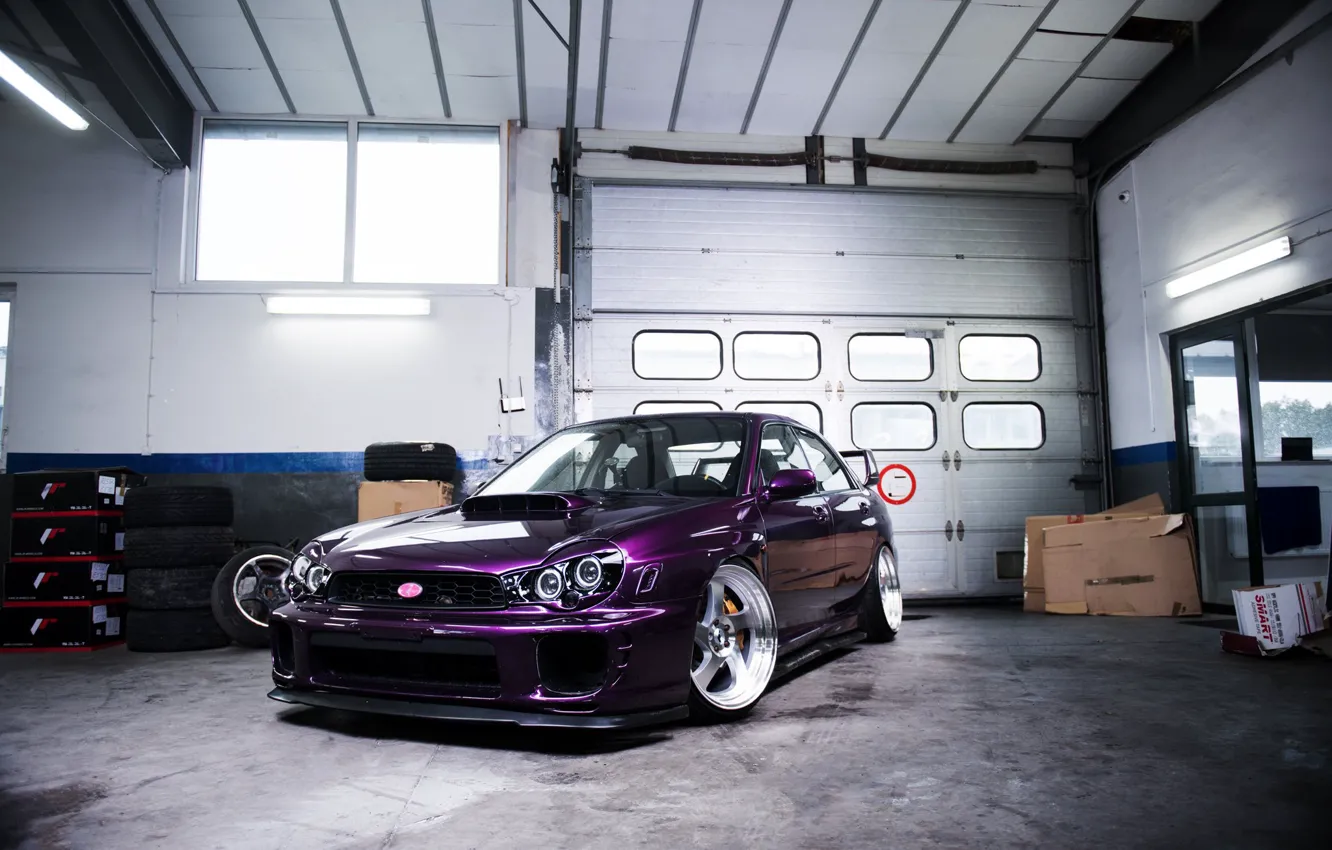 Photo wallpaper Subaru, Purple, Front, Subaru Impreza, Garage, Subaru Impreza WRX STI, JR Wheels