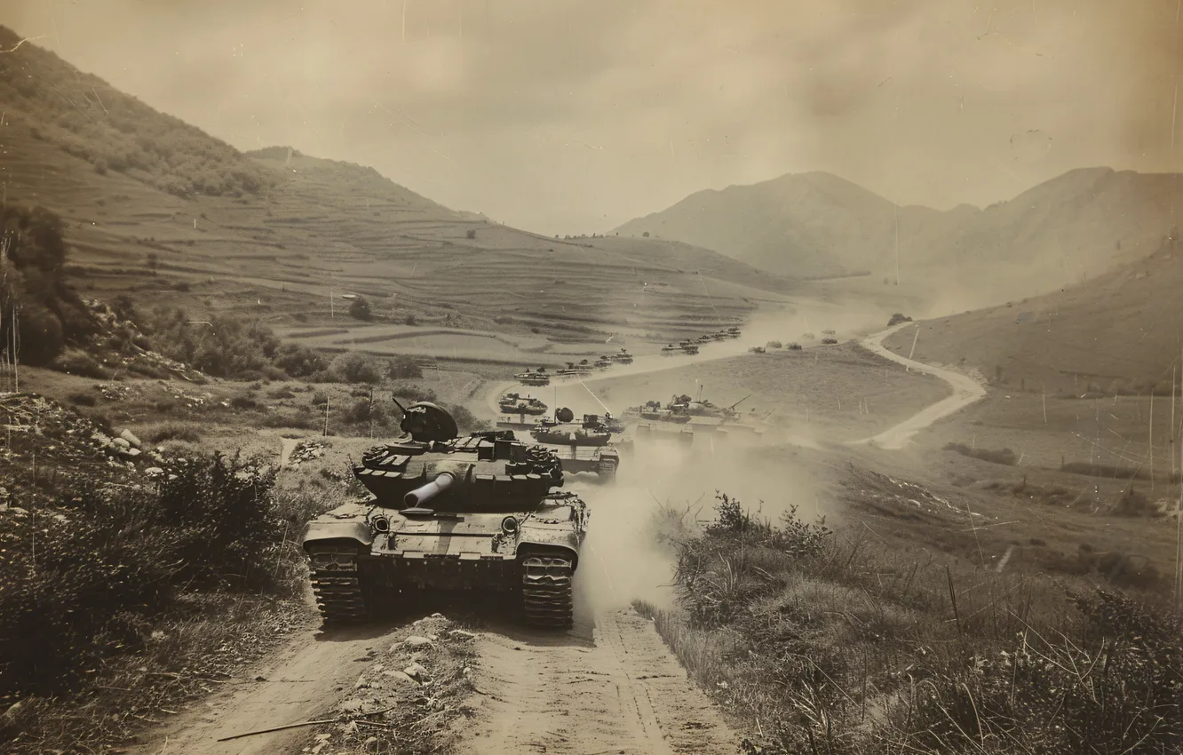 Photo wallpaper road, retro, dust, tank, columns, black and white, digital art, AI art