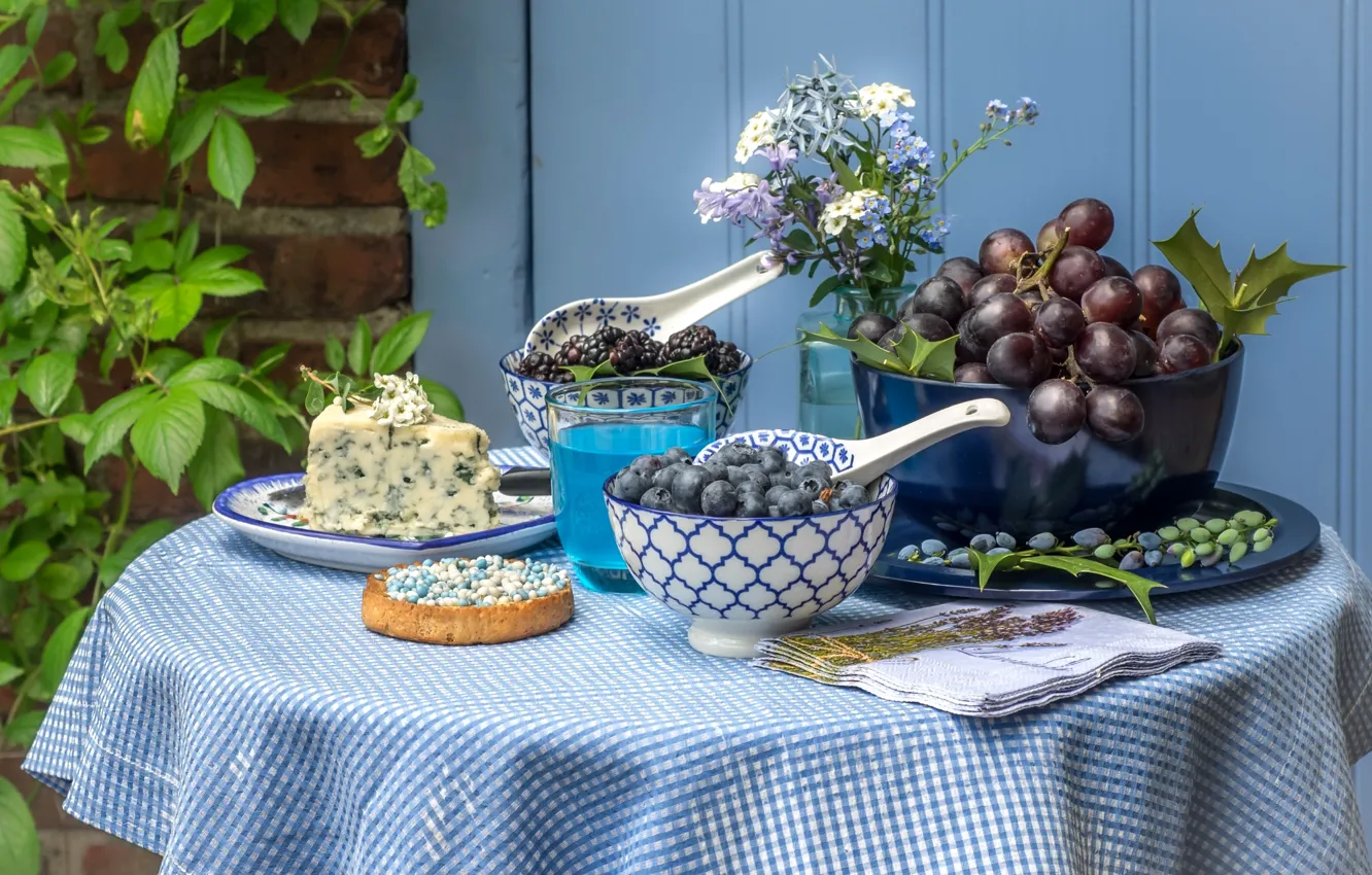 Photo wallpaper blue, berries, grapes, fruit, BlackBerry, forget-me-nots, blueberries, honeysuckle