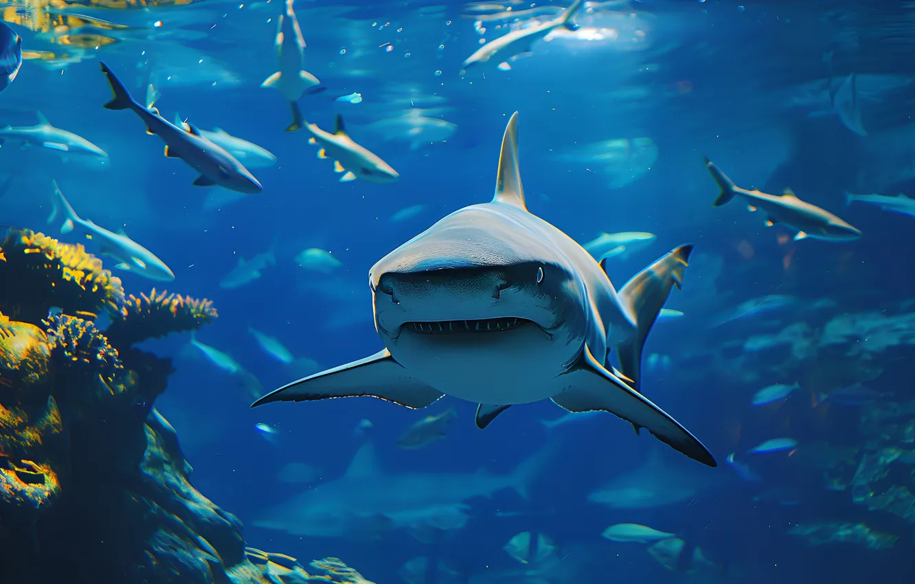 Photo wallpaper fish, predator, shark, underwater world, digital art, AI art, The Art of Artificial Intelligence, neural …