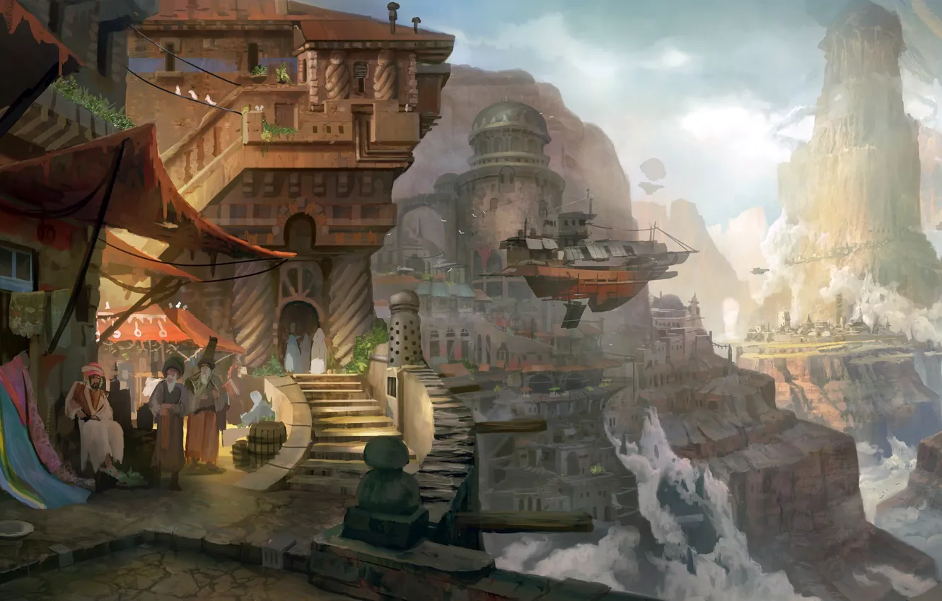 Photo wallpaper clouds, mountains, the city, fiction, rocks, transport, people, ship