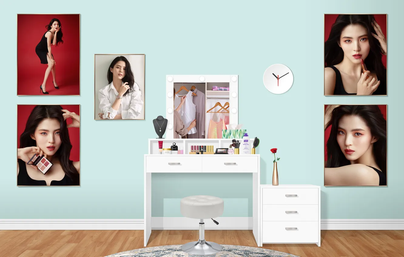 Photo wallpaper girl, model, living room, asian, cream, tissue, clock, perfume