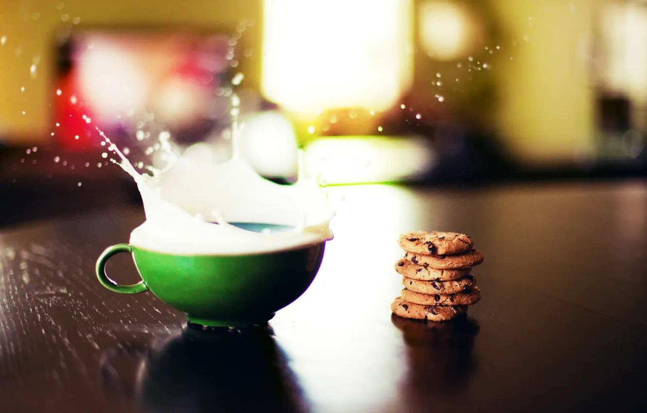 Photo wallpaper drops, squirt, table, chocolate, milk, cookies, Cup, cakes