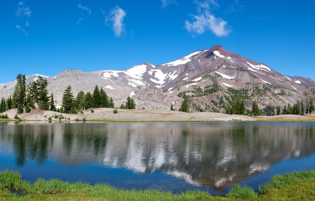 Photo wallpaper forest, snow, nature, tops, mountain lake